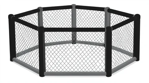 A close-up view of a mixed martial arts octagon cage with padded posts and chain-link fencing.