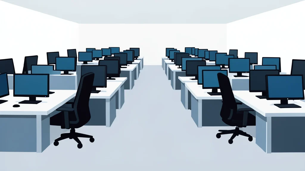 A flat vector illustration of a trading floor with rows of desks and computer monitors.
