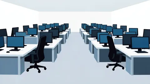 A flat vector illustration of a trading floor with rows of desks and computer monitors.