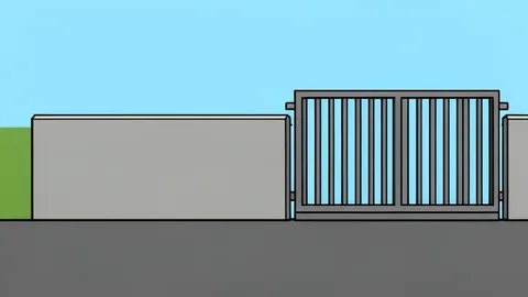 A paved road checkpoint barrier with a concrete block and a metal gate