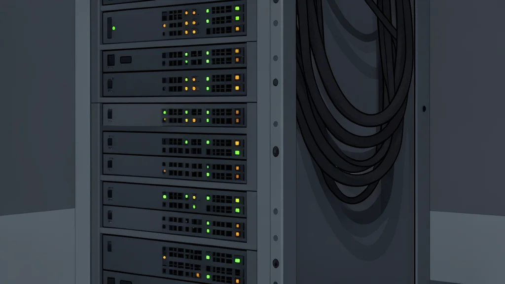 A server rack with blinking status lights in a dark data center