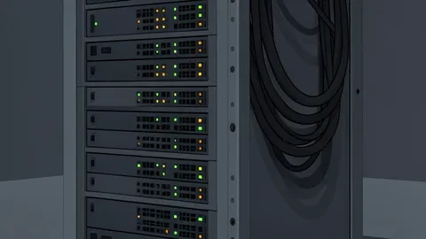 A server rack with blinking status lights in a dark data center