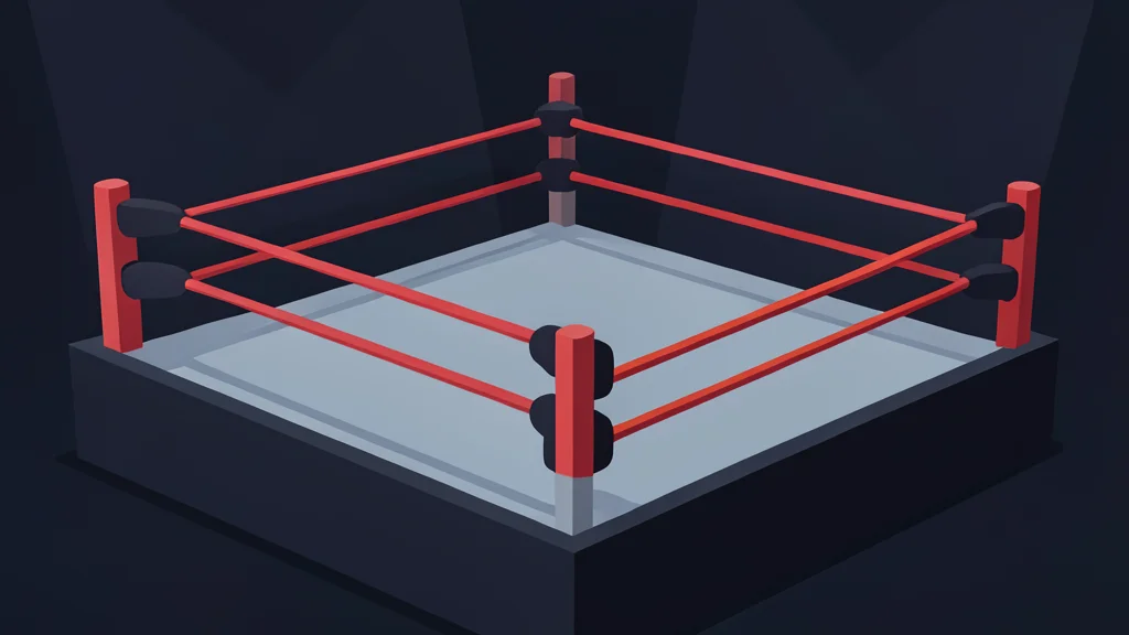 A professional wrestling ring with red ropes and turnbuckles in a dark arena.