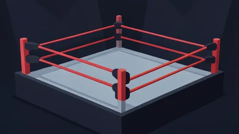 A professional wrestling ring with red ropes and turnbuckles in a dark arena.