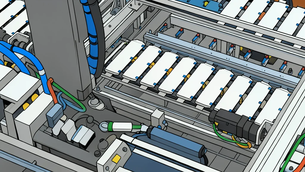 A row of large, rectangular lithium-ion battery packs stacked on a metal rack in an industrial warehouse.