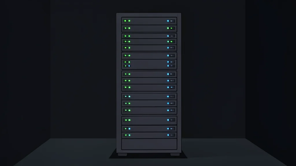 A server rack with blinking status lights in a dark room