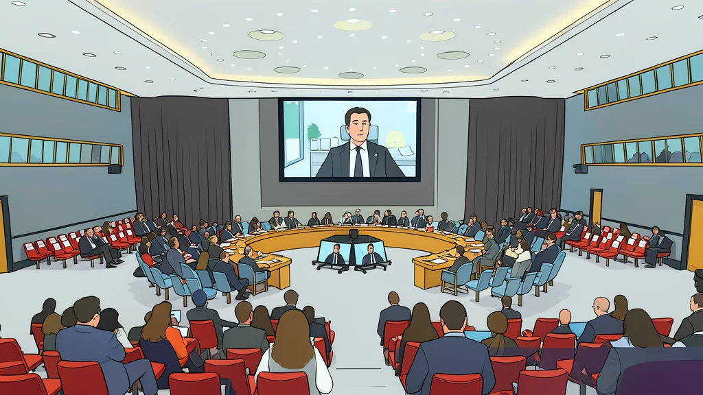 A stylized view of the curved wooden desks and central podium in the United Nations Security Council chamber.