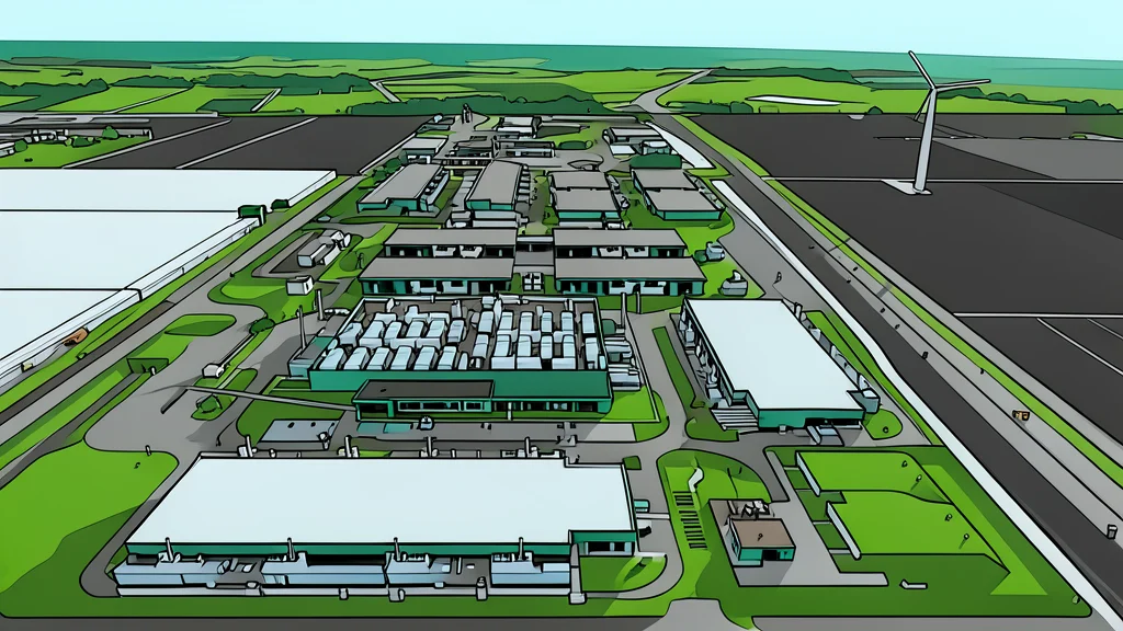 A large industrial data center facility with rows of cooling towers and server racks visible through open doors