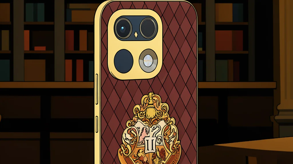 A smartphone with a textured brown back panel featuring a geometric argyle pattern