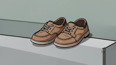 A pair of small, worn school shoes sitting on a concrete step
