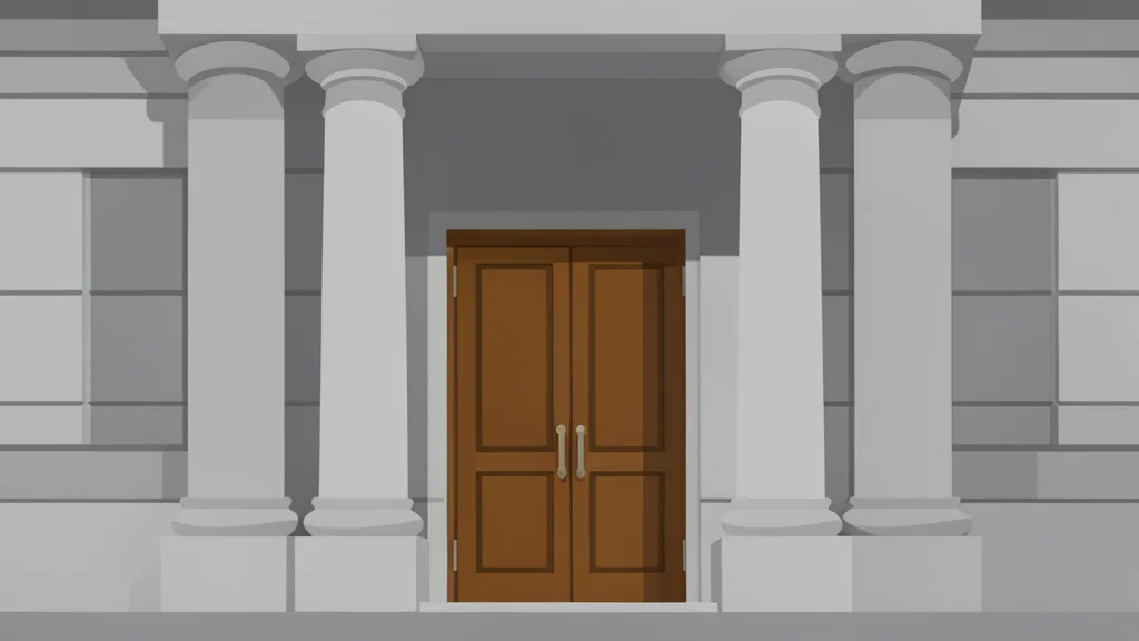 A large stone building facade with heavy columns and a closed bronze door