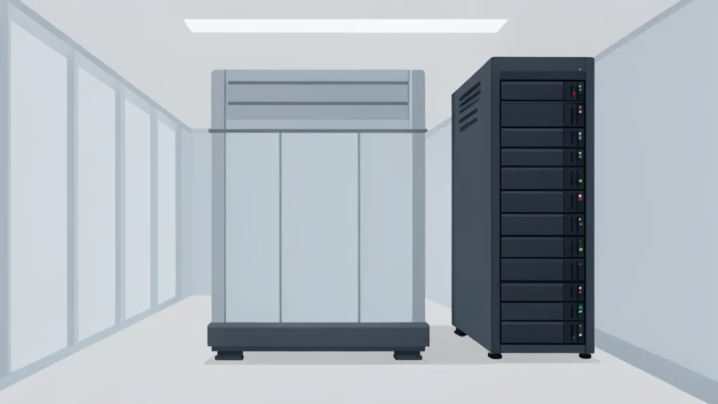 A large industrial battery storage unit standing next to a server rack in a data center corridor