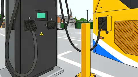 A row of electric trucks parked at a charging depot with cables connected to their charging ports
