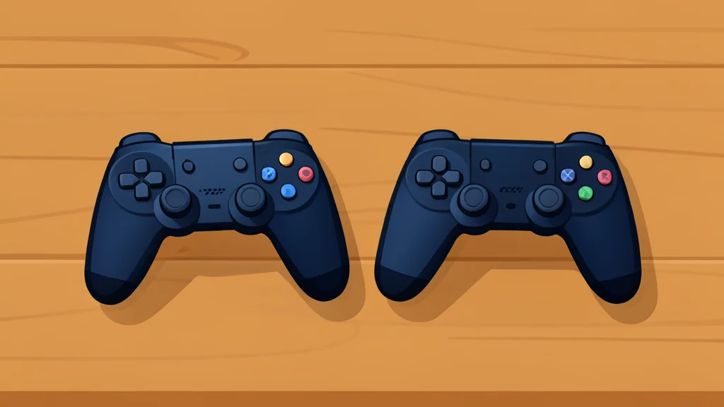 Two video game controllers resting on a smooth wooden tournament table
