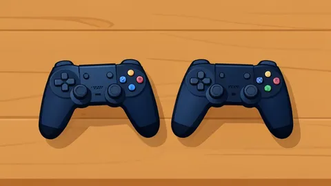 Two video game controllers resting on a smooth wooden tournament table