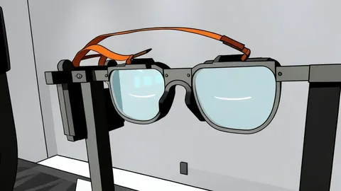 A pair of sleek, transparent smart glasses resting on a dark surface