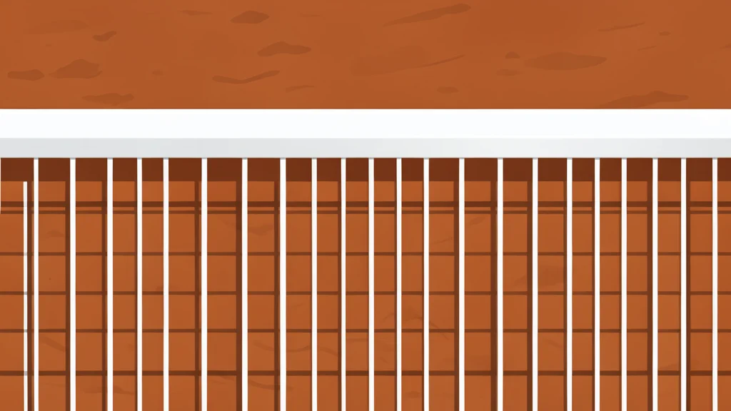 A flat vector illustration of a clay tennis court with a white net in the center.