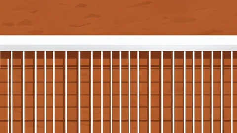 A flat vector illustration of a clay tennis court with a white net in the center.