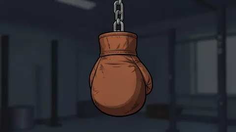 A pair of red boxing gloves hanging on a hook in a dimly lit gym corner