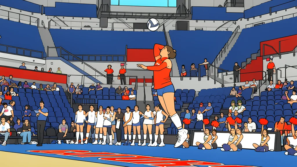 A white volleyball suspended in mid-air above a high net in an indoor arena