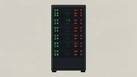 A server rack with blinking status lights