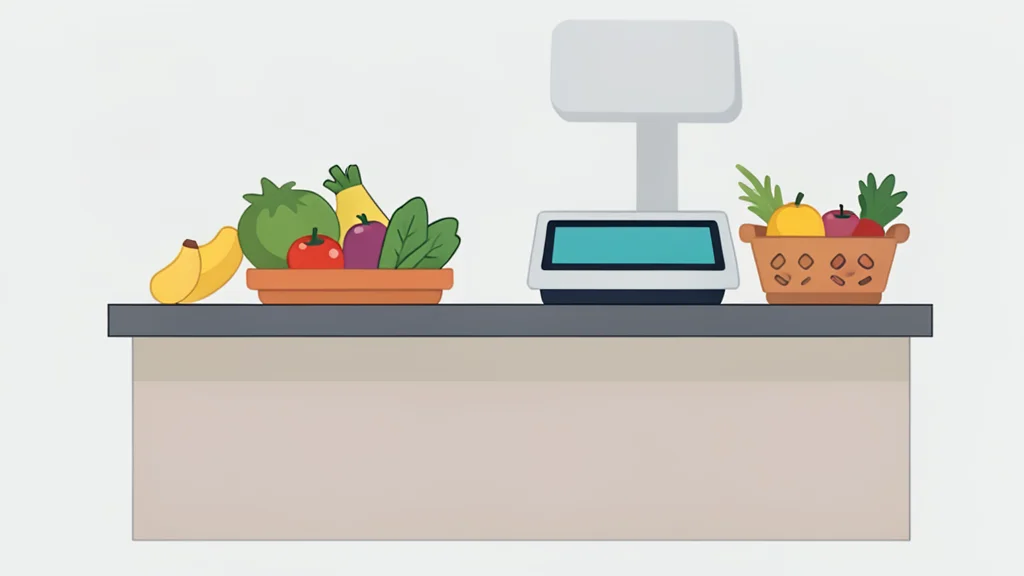 A flat-vector illustration of a grocery store checkout counter with a digital scale and a basket of fresh produce.