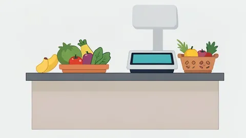 A flat-vector illustration of a grocery store checkout counter with a digital scale and a basket of fresh produce.