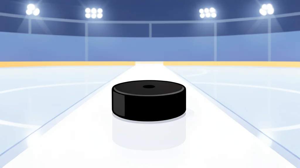 A polished ice hockey rink with a puck resting on the white center line