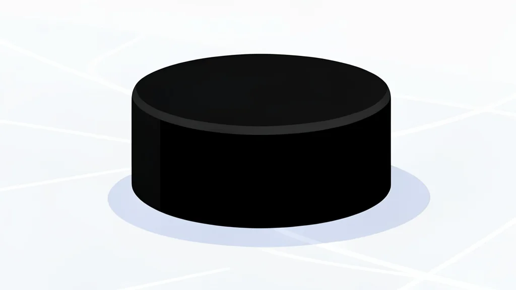 A flat-vector illustration of an ice hockey rink with a goal net and a puck on the ice.