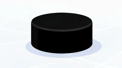 A flat-vector illustration of an ice hockey rink with a goal net and a puck on the ice.