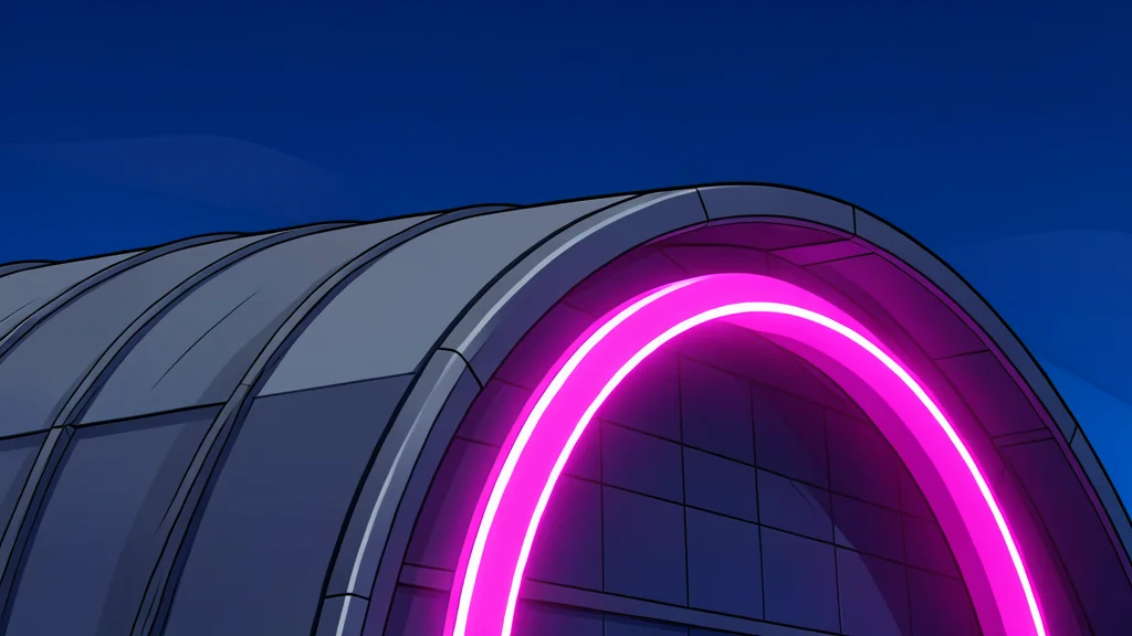A large pink neon sign structure mounted on the roof of a modern sports arena