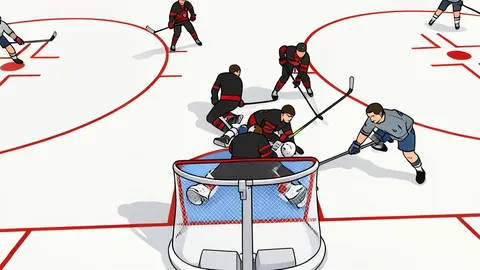 A flat vector illustration of an ice hockey rink with a goal net and a puck on the ice.