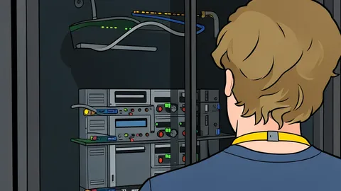 A flat vector illustration of a server rack in a data center with abstract monitoring lines.