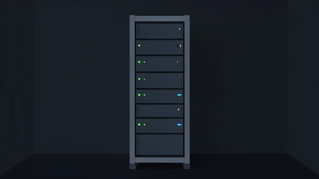 A server rack with blinking status lights in a dark room