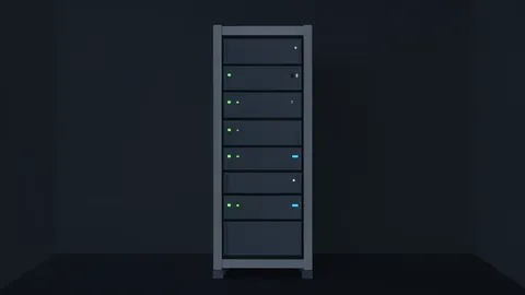 A server rack with blinking status lights in a dark room