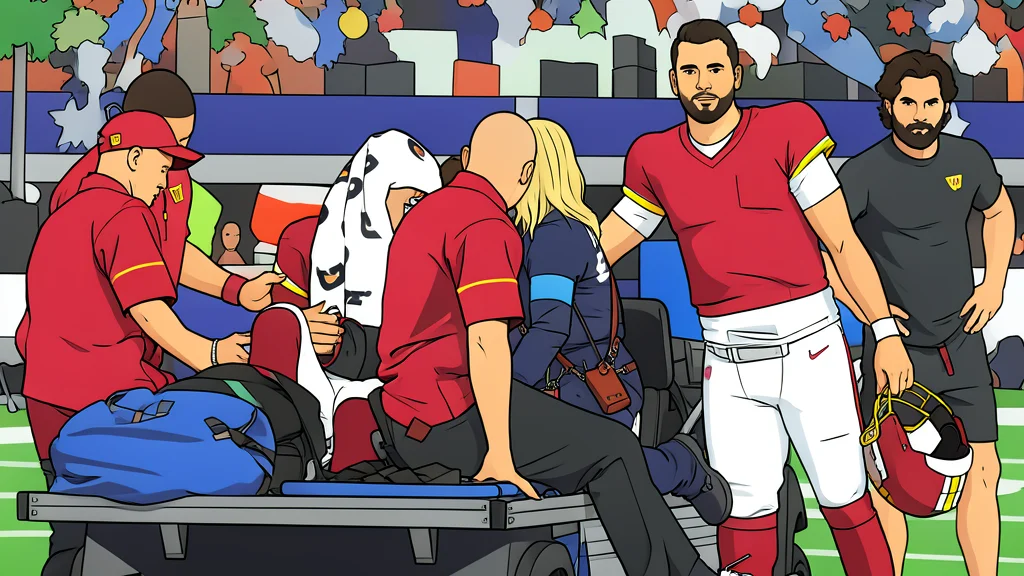 Medical staff attend to a football player's elbow on a grass field sideline.