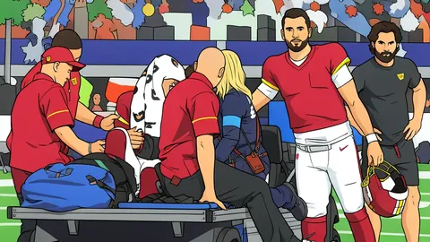 Medical staff attend to a football player's elbow on a grass field sideline.