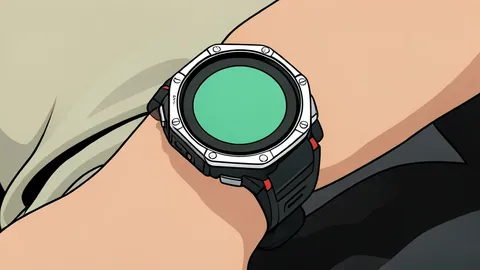 A rugged smartwatch with a dark face and a visible solar panel on the back casing