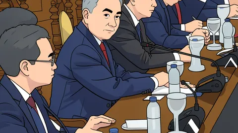 A flat vector illustration of two empty chairs facing each other across a simple table in a neutral room.