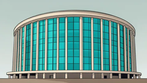 A flat vector illustration of the United Nations Headquarters building in New York.