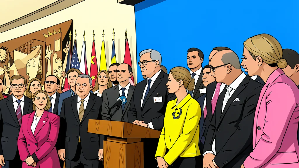 A wide view of the United Nations General Assembly hall with curved desks and microphones.