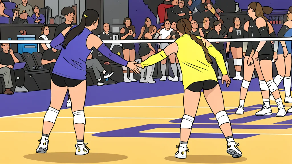 A white volleyball resting on a polished wooden gymnasium floor near a net post