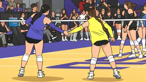A white volleyball resting on a polished wooden gymnasium floor near a net post