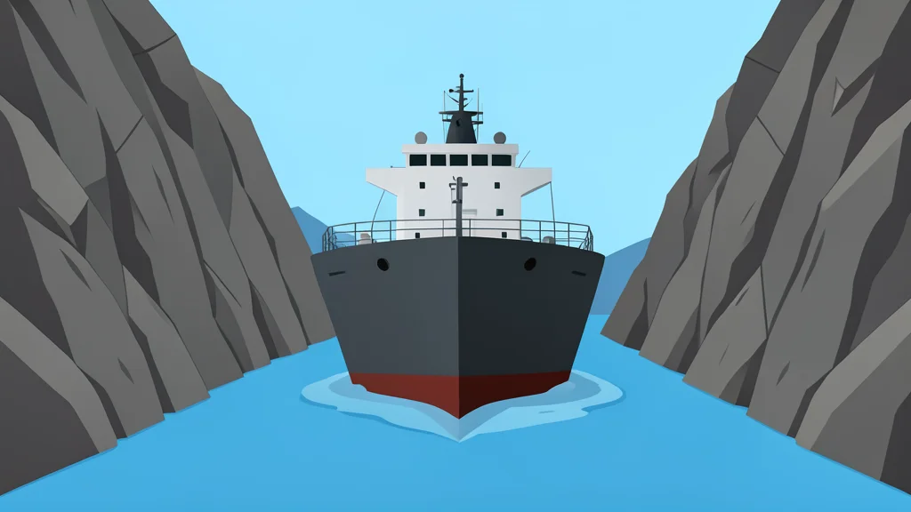 A large oil tanker navigating through a narrow strait between rocky coastlines