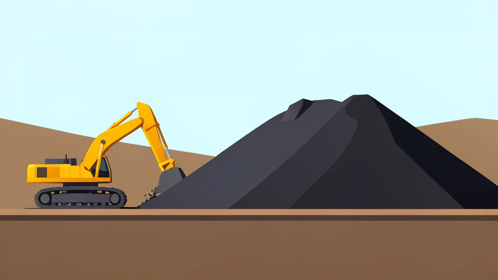 A large open-pit mine with heavy excavators and a massive pile of raw ore stockpiled on a flat pad.