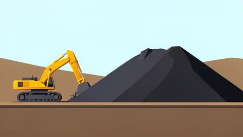 A large open-pit mine with heavy excavators and a massive pile of raw ore stockpiled on a flat pad.