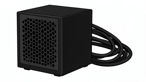 A black computer power supply unit with bundled cables and a honeycomb ventilation grille