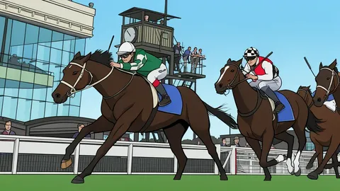 A thoroughbred horse standing on a dirt racetrack track