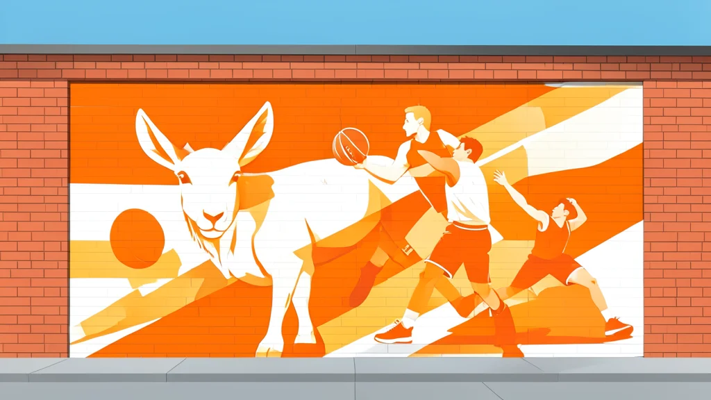 A large, colorful mural painted on the exterior brick wall of a building, depicting a goat and basketball players
