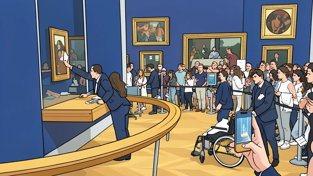Flat vector illustration of a museum gallery interior with framed classical paintings on walls and glass display cases.